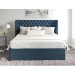 Red Beech Wood and Hammer Velvet Fabric Button Tufted Bed 125×100×195 cm - Blue