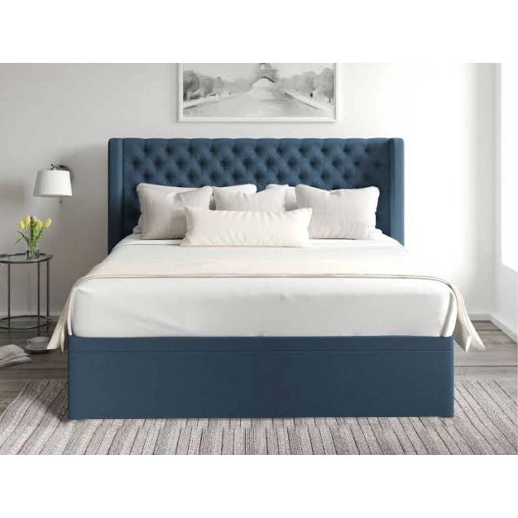 CHB10 Red Beech Wood and Hammer Velvet Fabric Button Tufted Bed 125×100×195 cm - Blue - Image 1