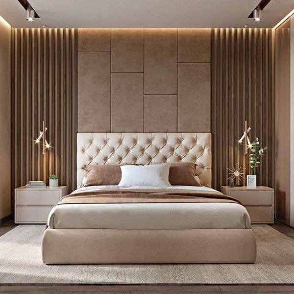 Counter Wood and Velvet Fabric King Button Tufted Bed 120x160x205 cm - Beige