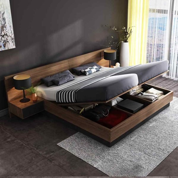 MDF Bed With 2 Commodes - Brown & Grey