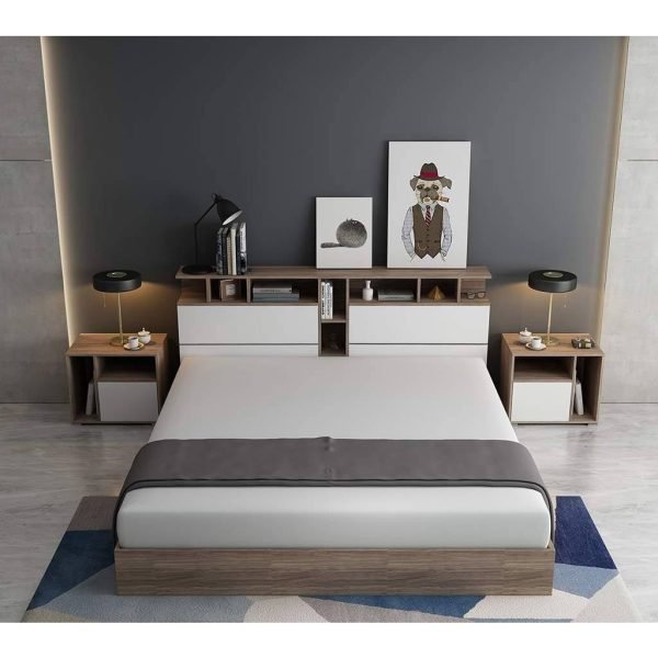 MDF Wood Super King Bed With 2 Commodes - Brown and White - 3 Pieces