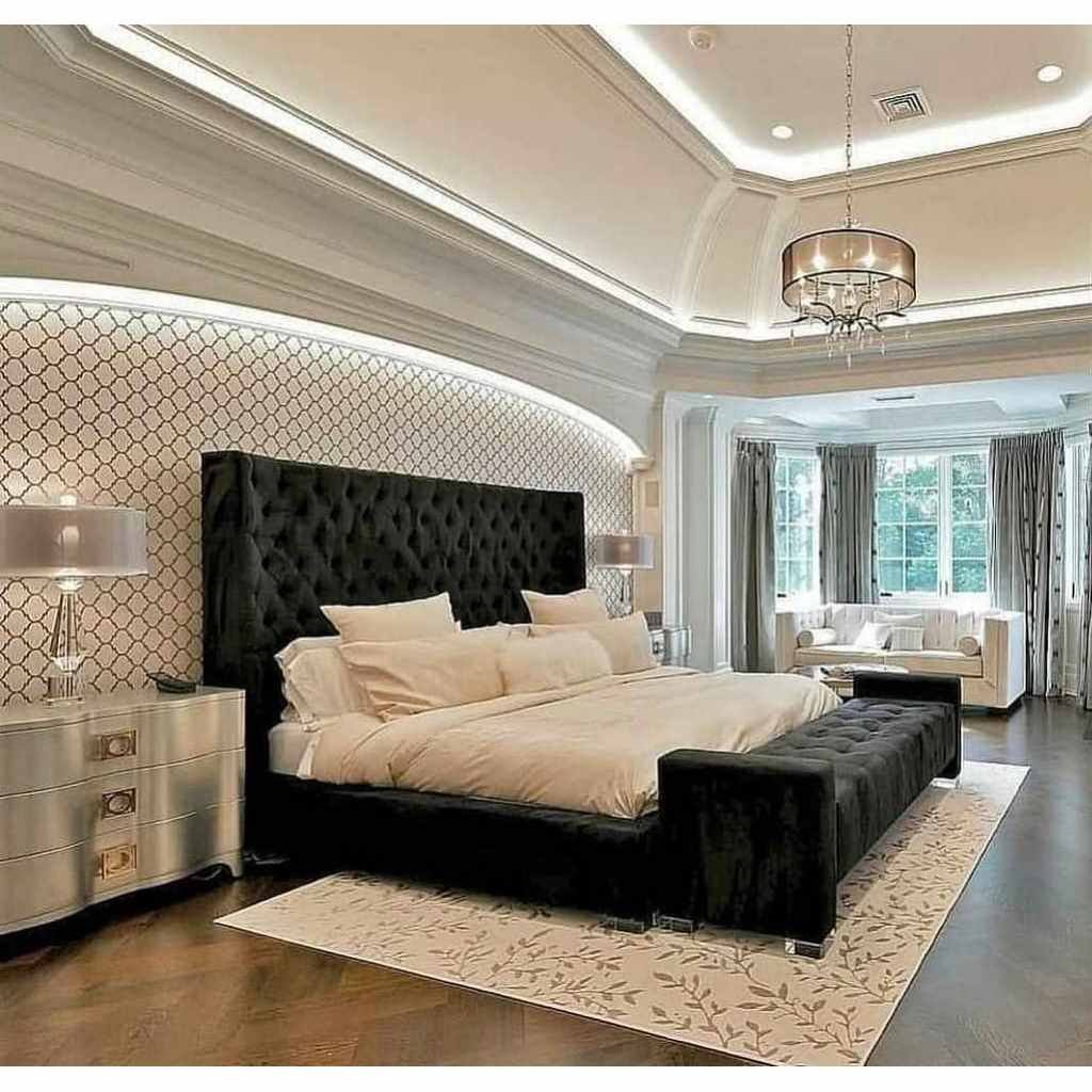 CHB88 Counter Wood and Velvet Fabric Super King Bed 205x180x130 cm - Black - Image 1