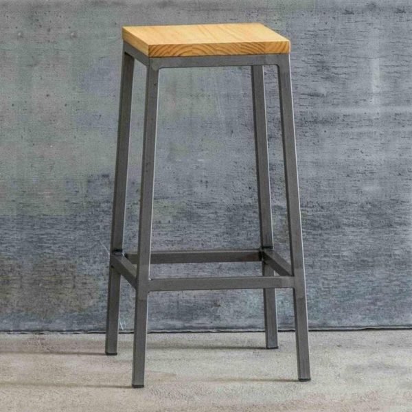 Steel and Natural Wood Bar Chair - Black and Beige