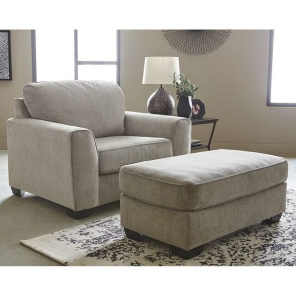 Beech Wood and Linen Arm Chair and Pouf 2 pieces - Beige