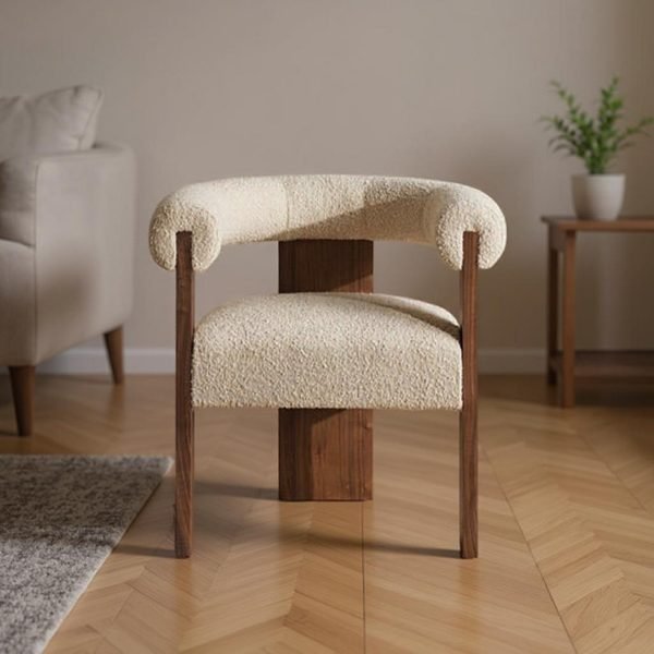 Beech Wood and bouclé fabric Arm Chair - Brown and Beige