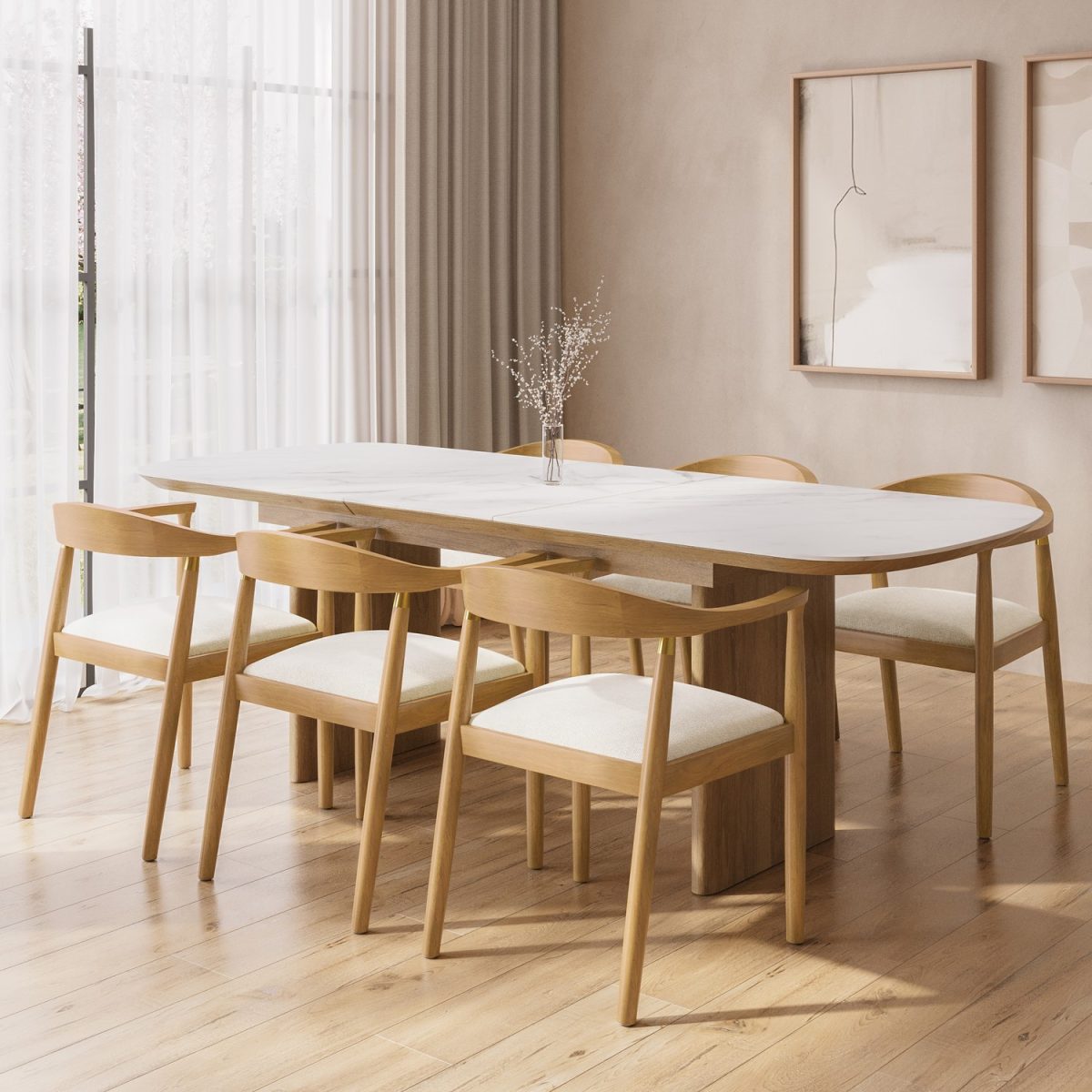 Ceramic and Oak Dining Table and 6 Oak Curved Dining Chairs – CHDRS012 - Image 1