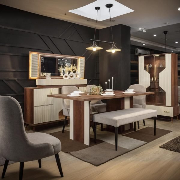 MDF Wood Dining Room 9 Pieces - Brown and Off-White