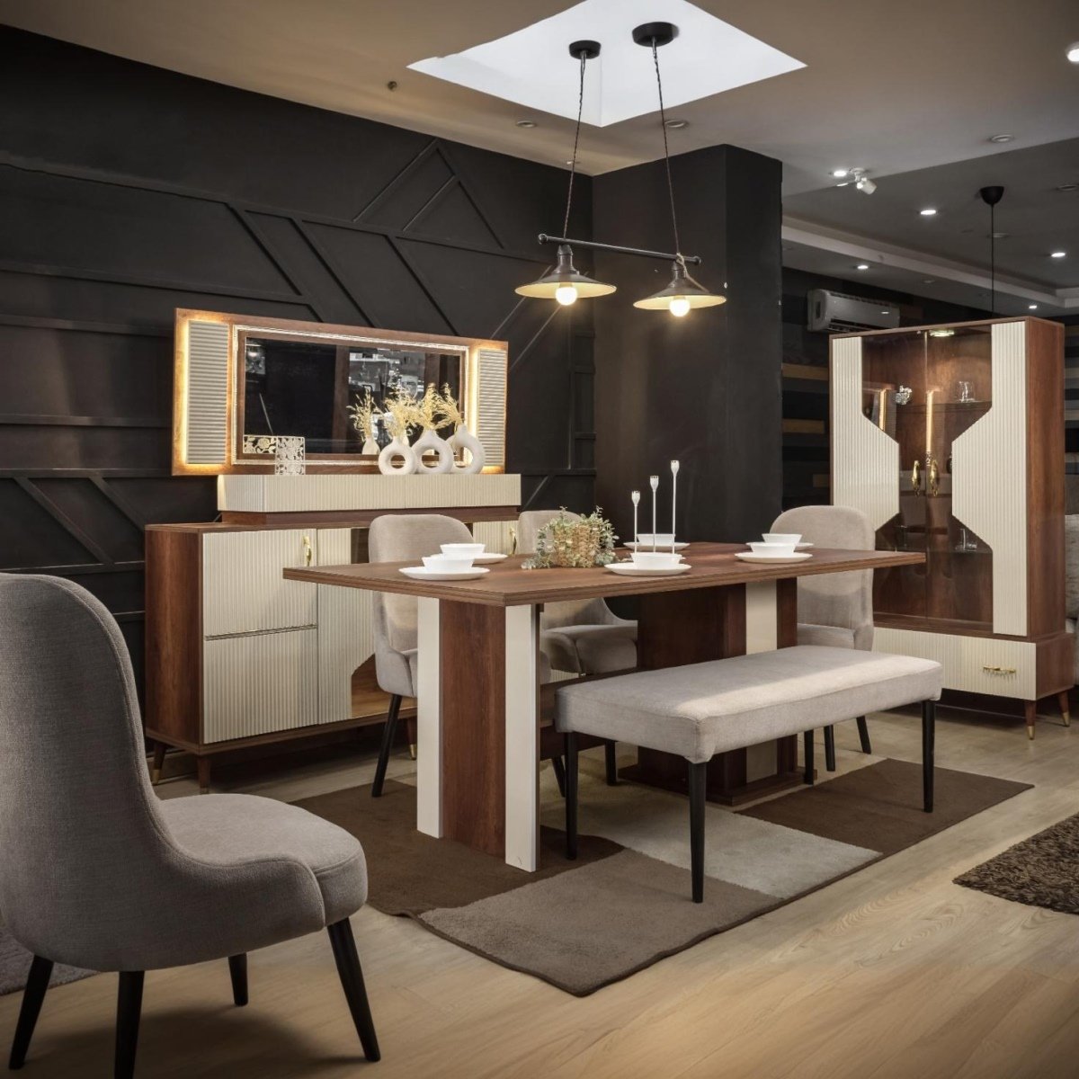 CHDRS41031 MDF Wood Dining Room 9 Pieces - Brown and Off-White - Image 1