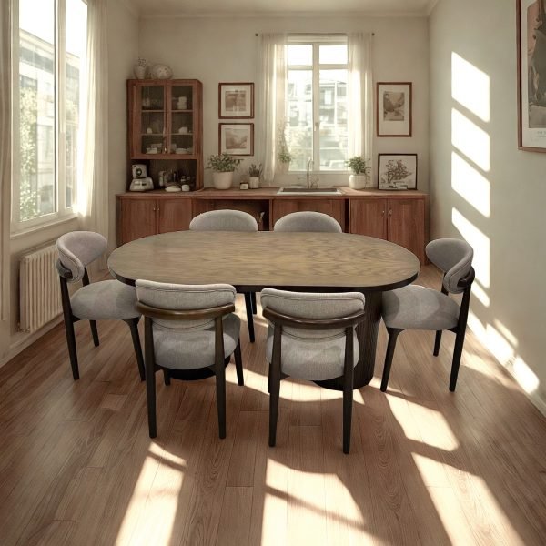 Beech Wood and Linen Fabric Dining Room set 7 pieces - Brown and Grey