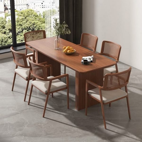 Beech Wood and Linen Fabric Dining Room set 7 pieces - Brown and Beige
