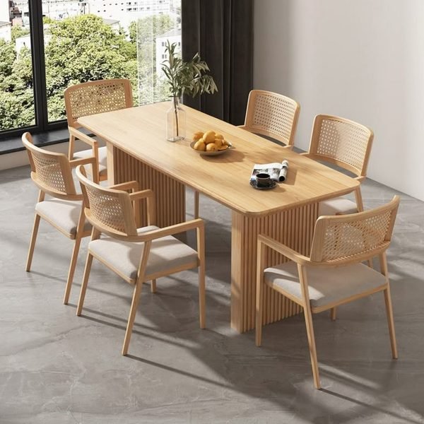 Beech Wood and Linen Fabric Dining Room set 7 pieces - Beige