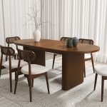 Beech Wood and Linen Fabric Dining Room set 7 pieces - Brown and Beige - Image 3