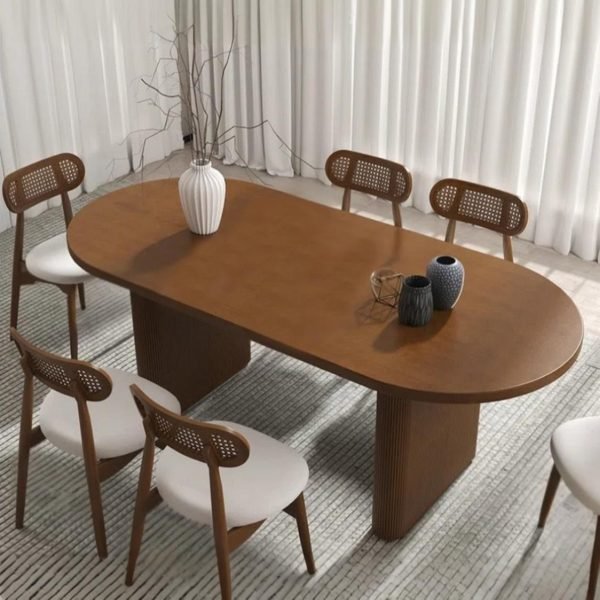 Beech Wood and Linen Fabric Dining Room set 7 pieces - Brown and Beige