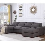 Beech Wood and Linen Fabric L-Shape Sofa and Pouf - Grey - Image 2