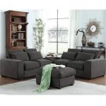 Beech Wood and Linen Fabric L-Shape Sofa and Pouf - Grey