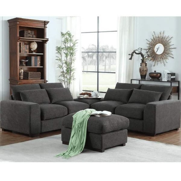 Beech Wood and Linen Fabric L-Shape Sofa and Pouf - Grey