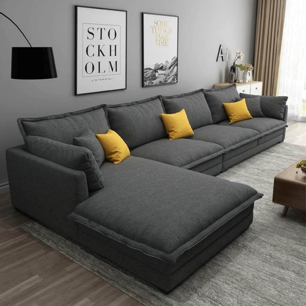 CHSC.001 Beech Wood and Linen Fabric L-Shape Sofa - Grey - Image 1