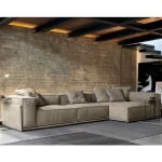 Red Beech Wood and Upholstered Leather L-Shape Sofa - Beige