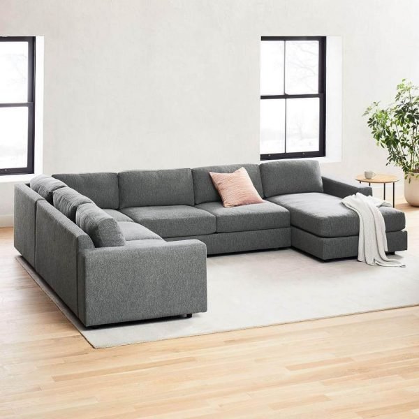 Beech Wood and Linen Fabric U-Shape Sofa - Grey