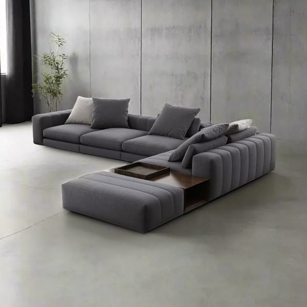 Beech Wood and Linen Fabric L-Shape Sofa - Grey