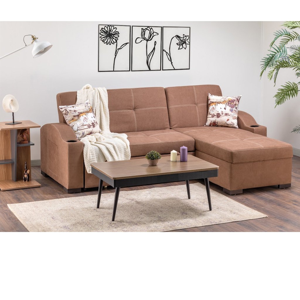 CHSC12726 Beech wood and Velvet L-Shape Sofa - Brown - Image 1