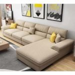 Beech Wood and Linen Fabric L-Shape Sofa - Beige