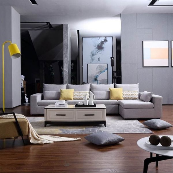 Beech Wood and Linen Fabric L-Shape Sofa - Grey