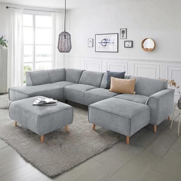 Natural Beech Wood and Velvet Fabric U-Shape Sofa - Grey