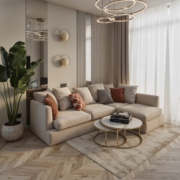 Beech Wood and Inverted leather Fabric L-Shape Sofa - Beige