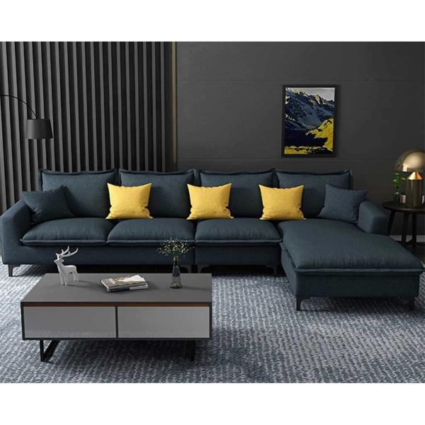 Beech Wood and Linen Fabric L-Shape Sofa - Blue