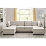 Red Beech Wood and Linen Fabric L-Shape Sofa - Beige - Image 2