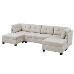 Red Beech Wood and Linen Fabric L-Shape Sofa - Beige - Image 7