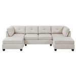 Red Beech Wood and Linen Fabric L-Shape Sofa - Beige - Image 8