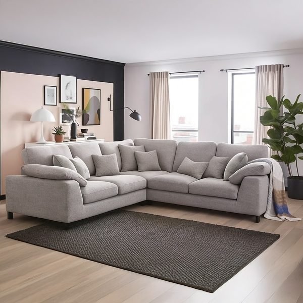 Beech Wood and Linen Fabric L-Shape Sofa - Grey