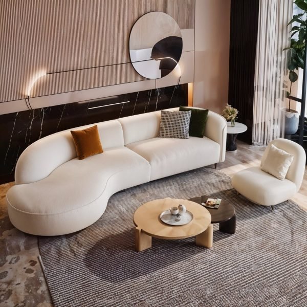 Beech Wood and Velvet L-Shape Sofa - Off-White