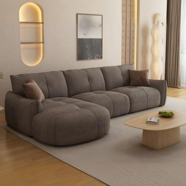 Beech wood and linen L-Shape Sofa - Brown