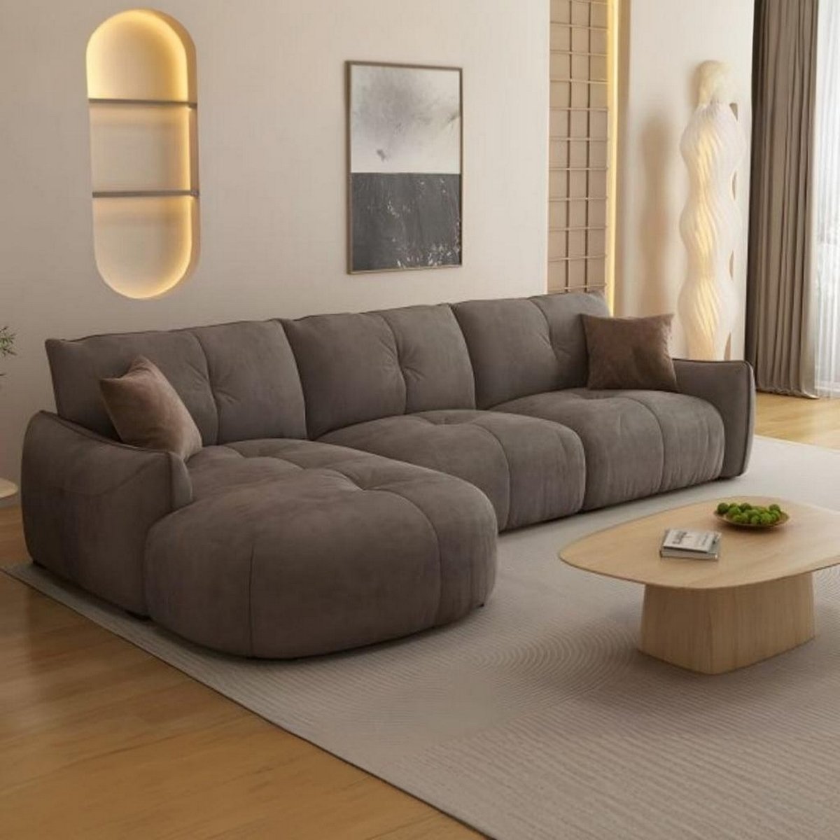 CHSC5229 Beech wood and linen L-Shape Sofa - Brown - Image 1