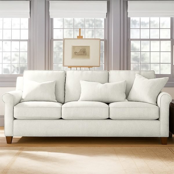 Natural Beech Wood and Velvet Fabric 3 Seater Sofa - Off White