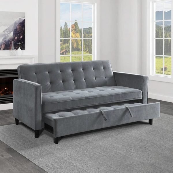 Natural beech wood and Velvet Sofa Bed - grey