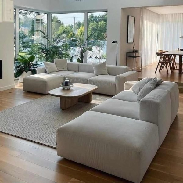 Red Beech Wood and Velvet Modern Living Room Set 4 pieces - Off-White