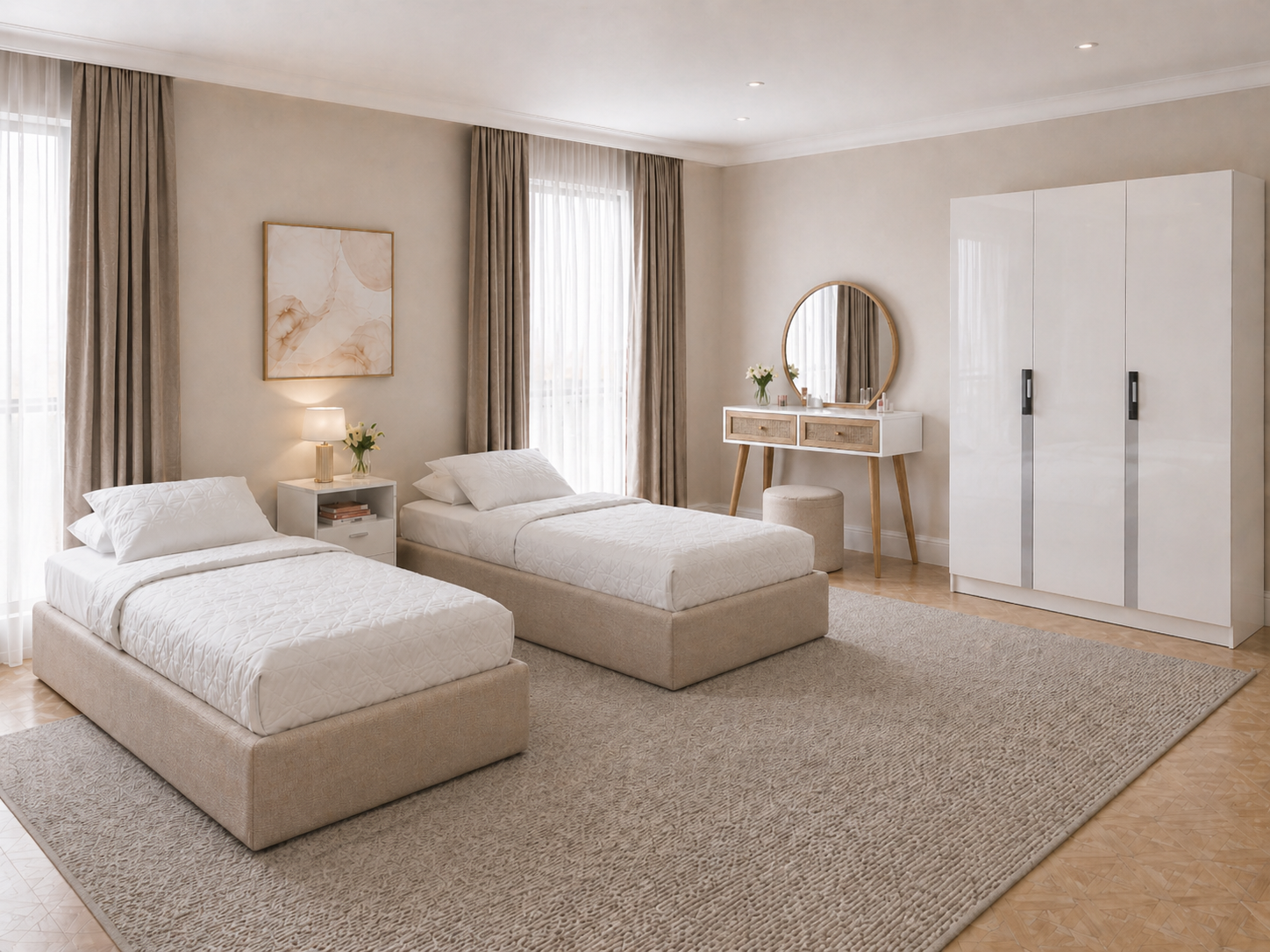 CHBDRCI003 Modern Twin Bedroom Set with Linen Beds & MDF Wardrobe | Elegant Design - CHBDRCI003 - Image 1