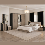 Modern BedroomSet – MDF (Bed, Wardrobe, Dressing Table with Mirror & LED Lighting (5-Piece Set)