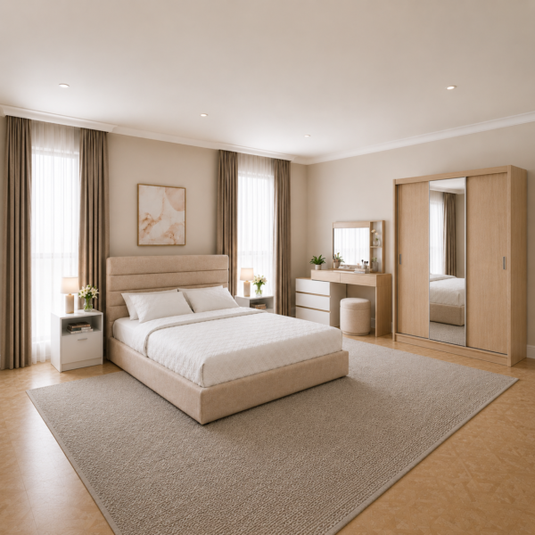 Modern Bedroom Set with Sliding Wardrobe & Upholstered Bed - CHBDRCI006