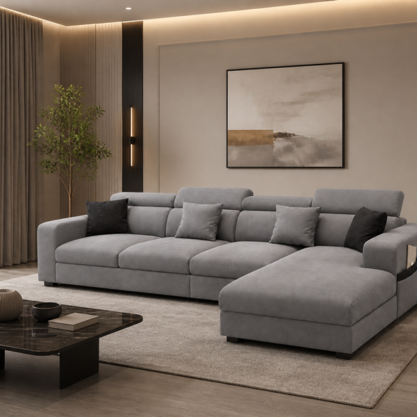 Modern Grey L-Shaped Sectional Sofa with Chaise | Linen Fabric & Beech Wood Frame