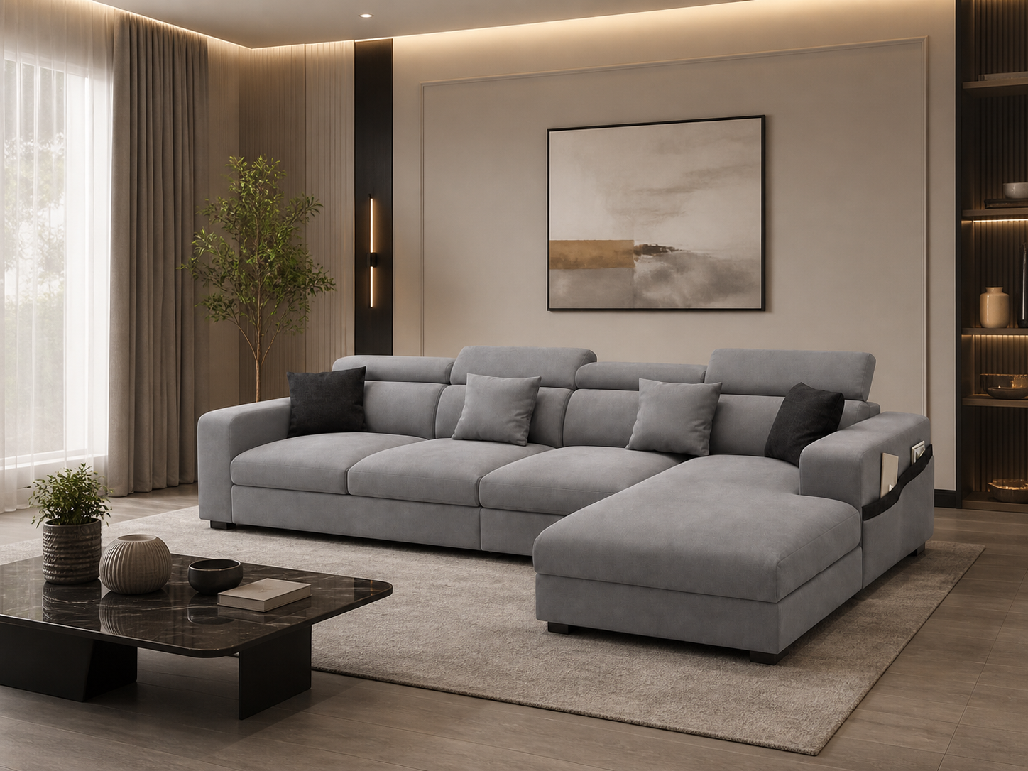 CHHMPSOFA15 Modern Grey L-Shaped Sectional Sofa with Chaise | Linen Fabric & Beech Wood Frame - Image 1