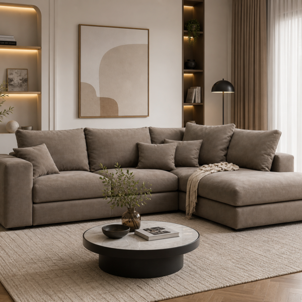 Comfort Sectional Sofa – Modern Linen Corner Sofa, Beechwood Base