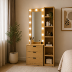 Modern Dressing Table with LED Mirror & Storage Shelves – Thai MDF Wood | 100x40x180 cm