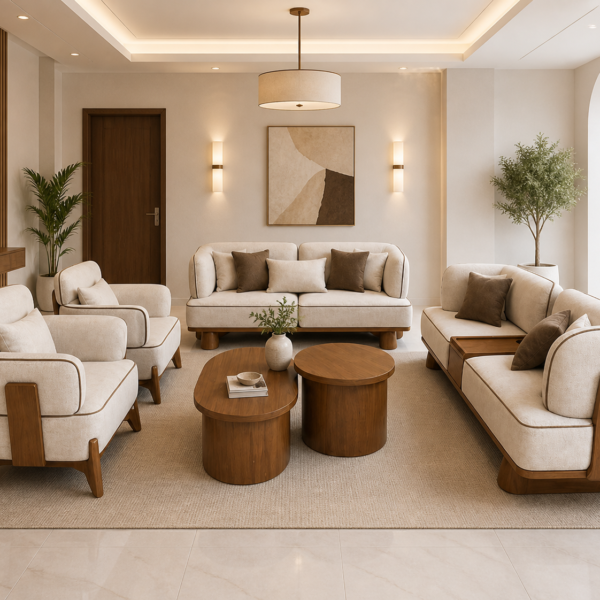 Modern Linen Living Room Set with Beech Wood | 3+2 Sofa Set & Tables