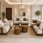 Modern Linen Living Room Set with Beech Wood | 3+2 Sofa Set & Tables