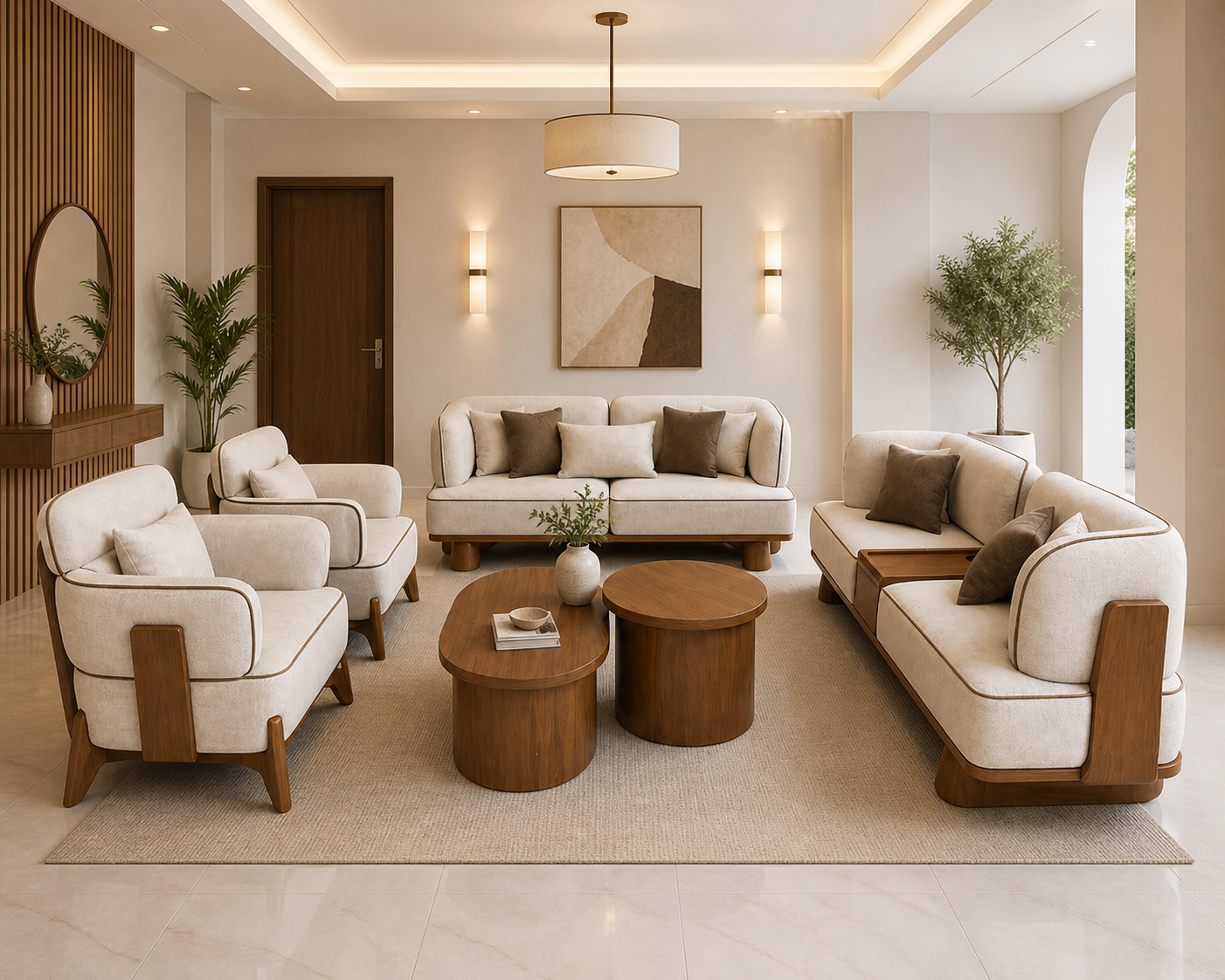 CHLRSCI001 Modern Linen Living Room Set with Beech Wood | 3+2 Sofa Set & Tables - Image 1